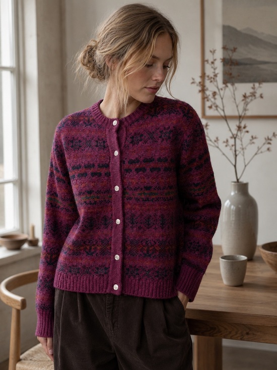 Harley Of Scotland Sweaters - Harley Fair Isle Scottish Wool Cardigan Pink Small Cottagecore Cozy Sweater